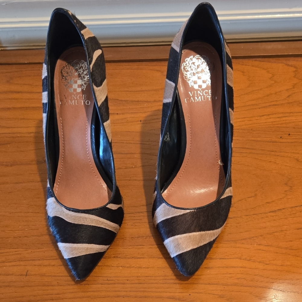 Vince Camuto Black and Cream Striped Heels